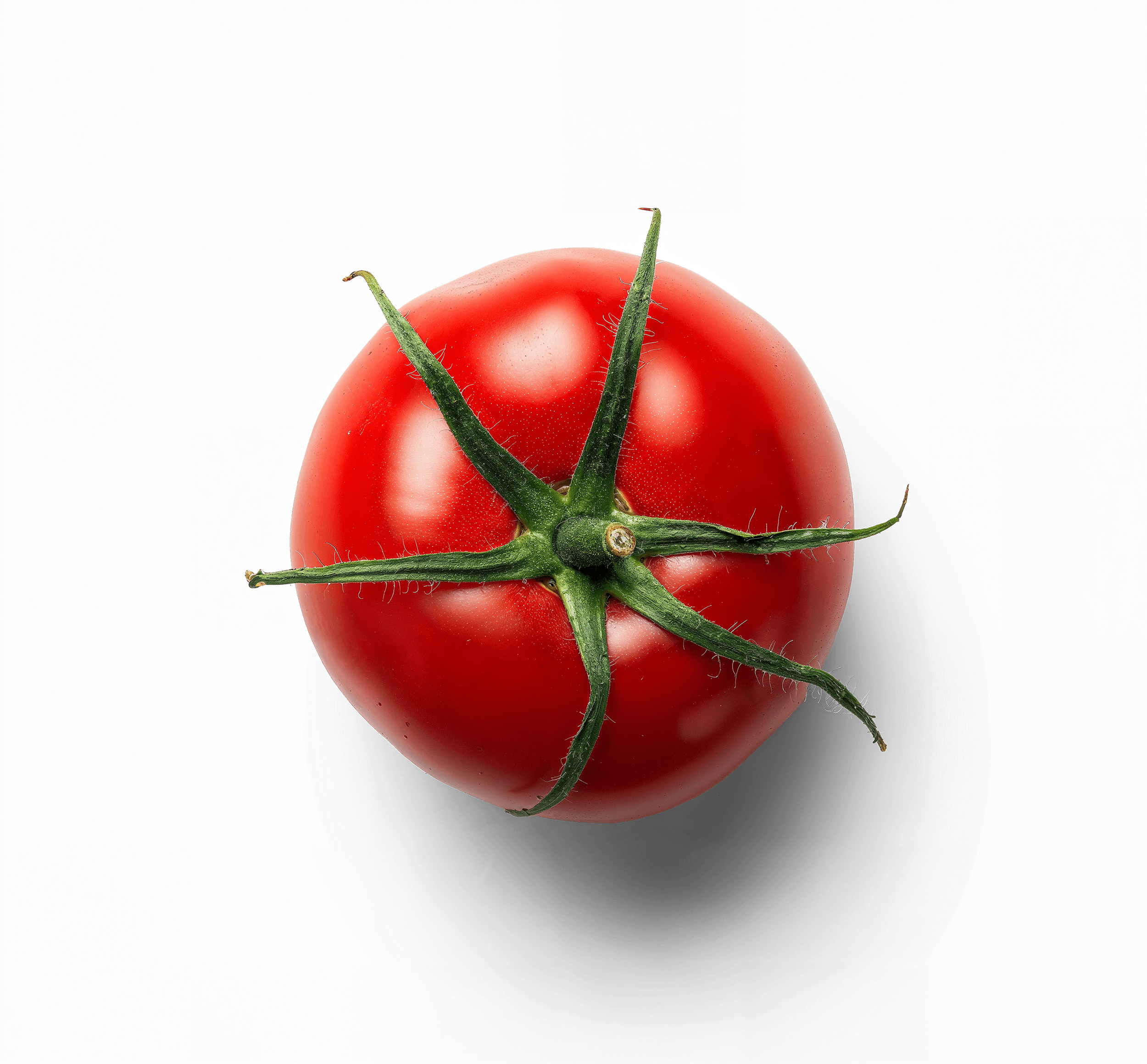 Red ripe tomato with green stem on a black background.