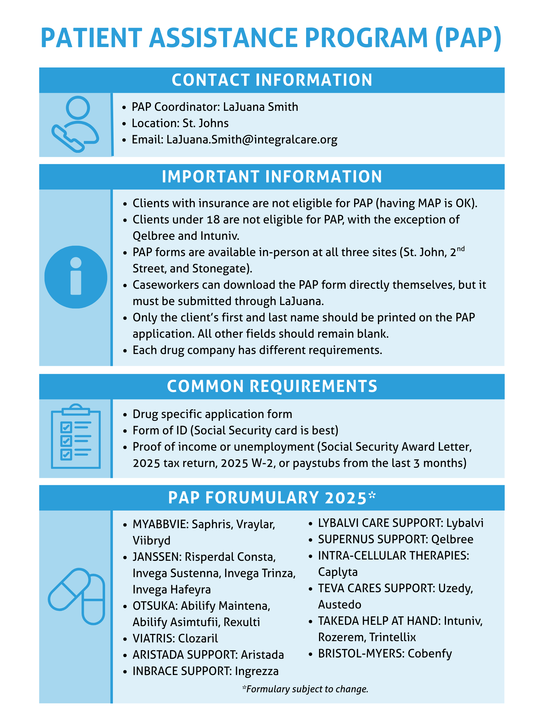 Informational poster for Patient Assistance Program (PAP) including contact details, eligibility, requirements, and 2025 formularies for various drug support companies.