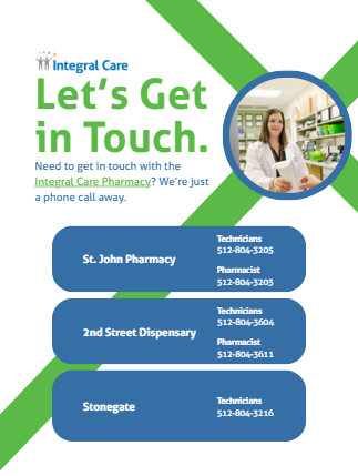 Flyer for Integral Care encouraging people to get in touch, featuring a woman in a pharmacy, contact info for St. John Pharmacy, 2nd Street Dispensary, and Stonegate.