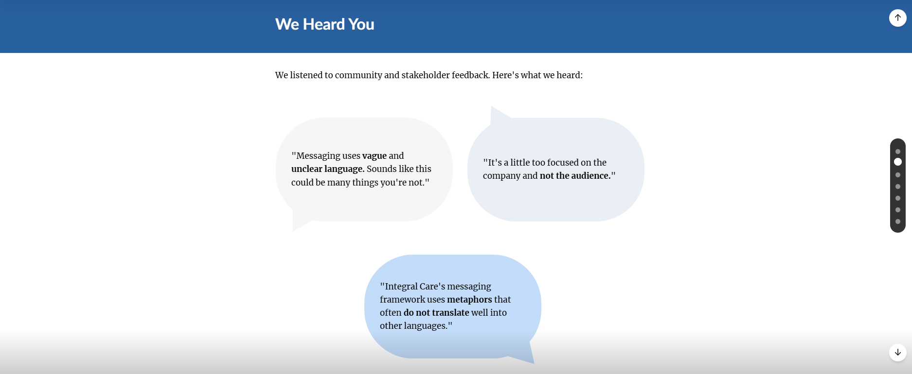Screenshot of a webpage titled 'We Heard You' with three speech bubbles containing feedback about messaging. The first speech bubble states, 'Messaging uses vague and unclear language. Sounds like this could be many things you're not.' The second says, 'It's a little too focused on the company and not the audience.' The third mentions, 'Integral Care's messaging framework uses metaphors that often do not translate well into other languages.'