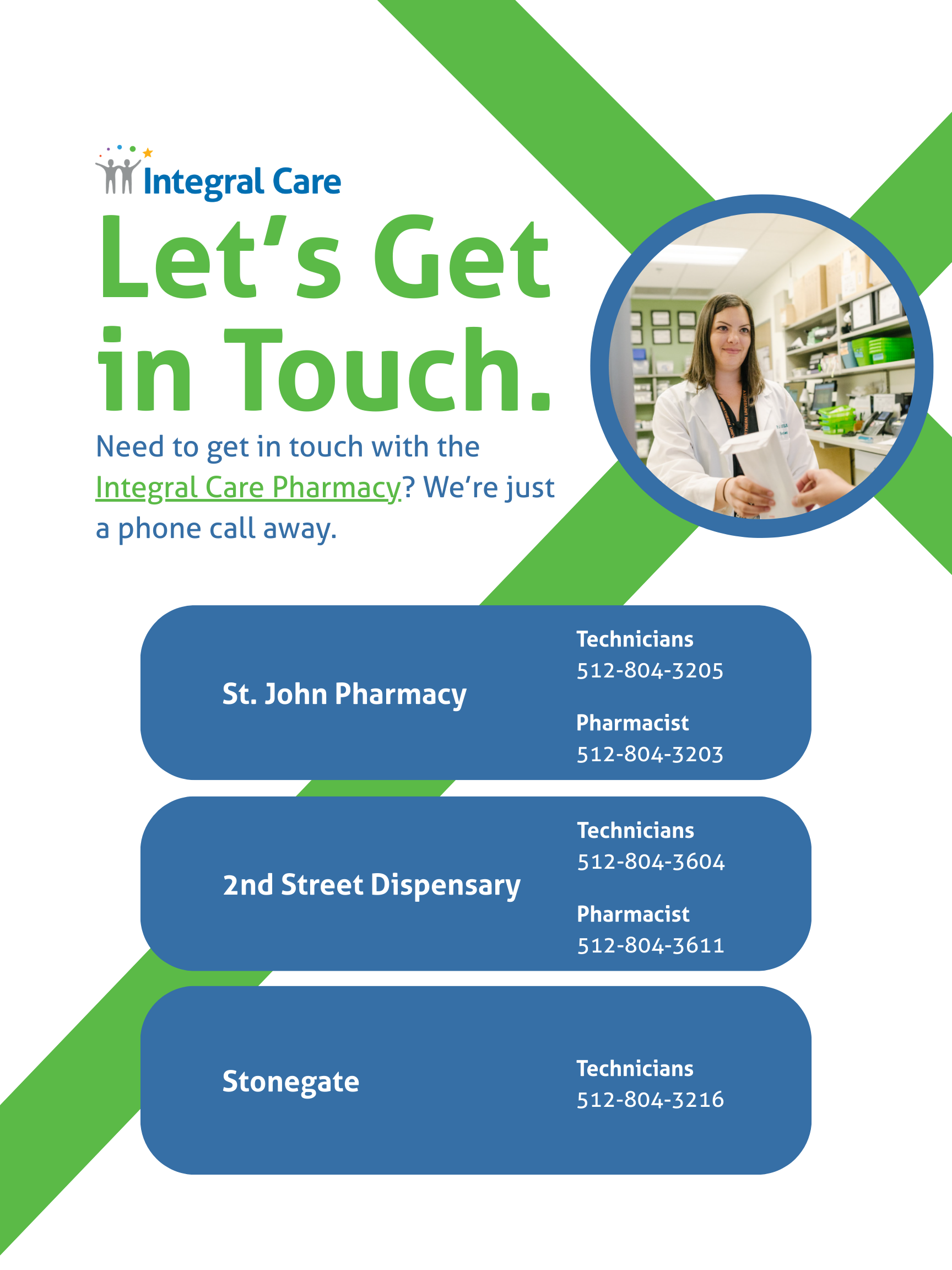 Flyer for pharmacy contact information featuring a woman in a pharmacy and listing three pharmacy locations with phone numbers.