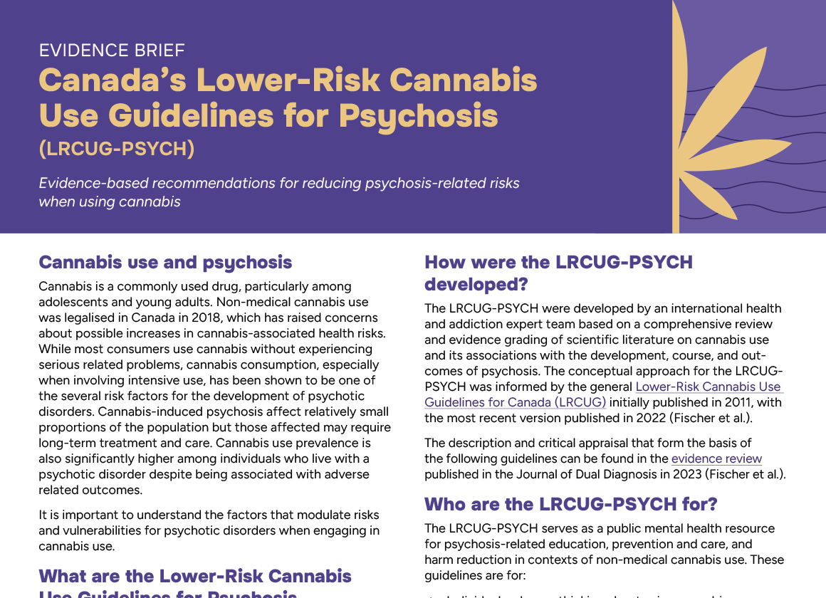 Title page of a report titled "Canada's Lower-Risk Cannabis Use Guidelines for Psychosis" with a purple background and beige leaf graphic on the right side. The report discusses evidence-based recommendations on cannabis use and psychosis.