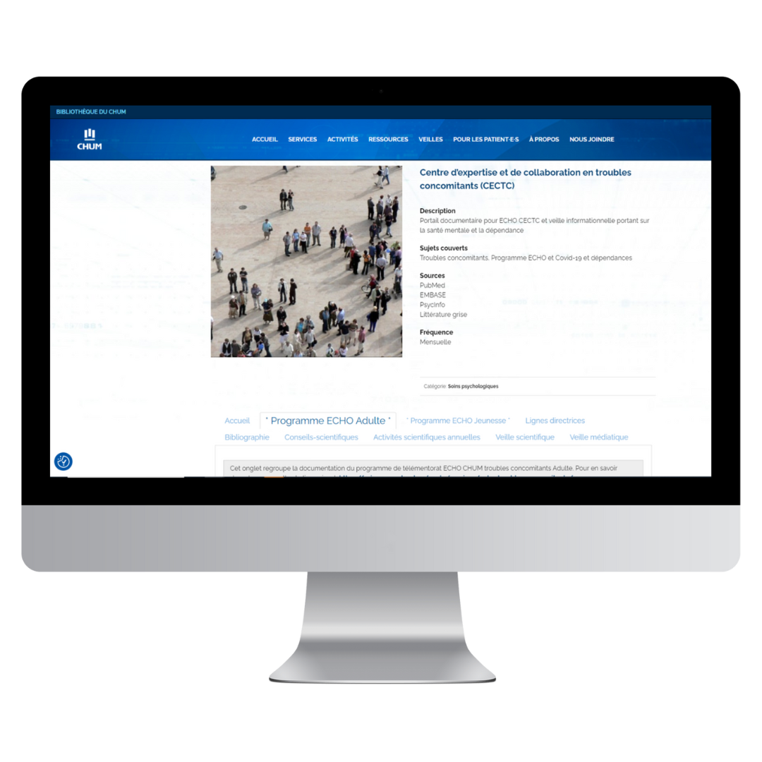 Screenshot of a webpage from the CHUM mental health institute, featuring a photo of people gathered outdoors and information about a program for managing concurrent mental health and addiction issues in French.