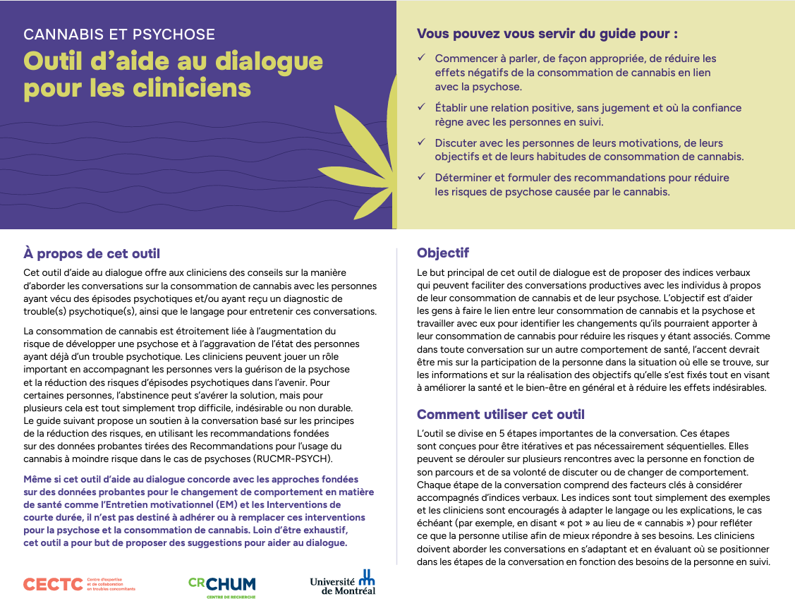 A pamphlet in French titled 'Cannabis et Psychose: Outil d’aide au dialogue pour les cliniciens' with information about using dialogue tools with clinicians regarding cannabis consumption and psychosis. The pamphlet features a stylized cannabis leaf graphic and is divided into sections with headings and bullet points.