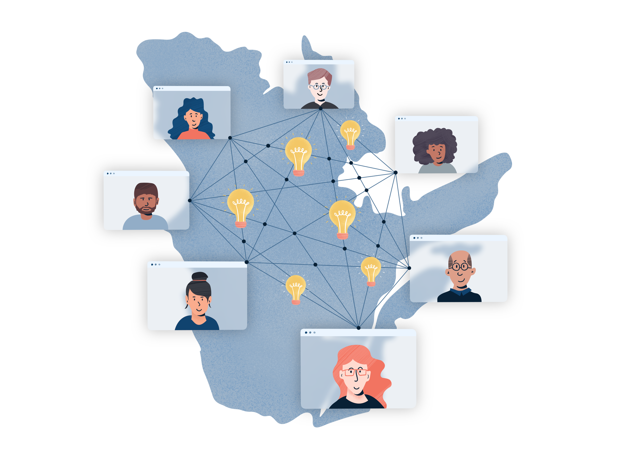 Illustration of a network of people connected through lines, with lightbulb icons representing ideas or innovation, over a map of the United States.