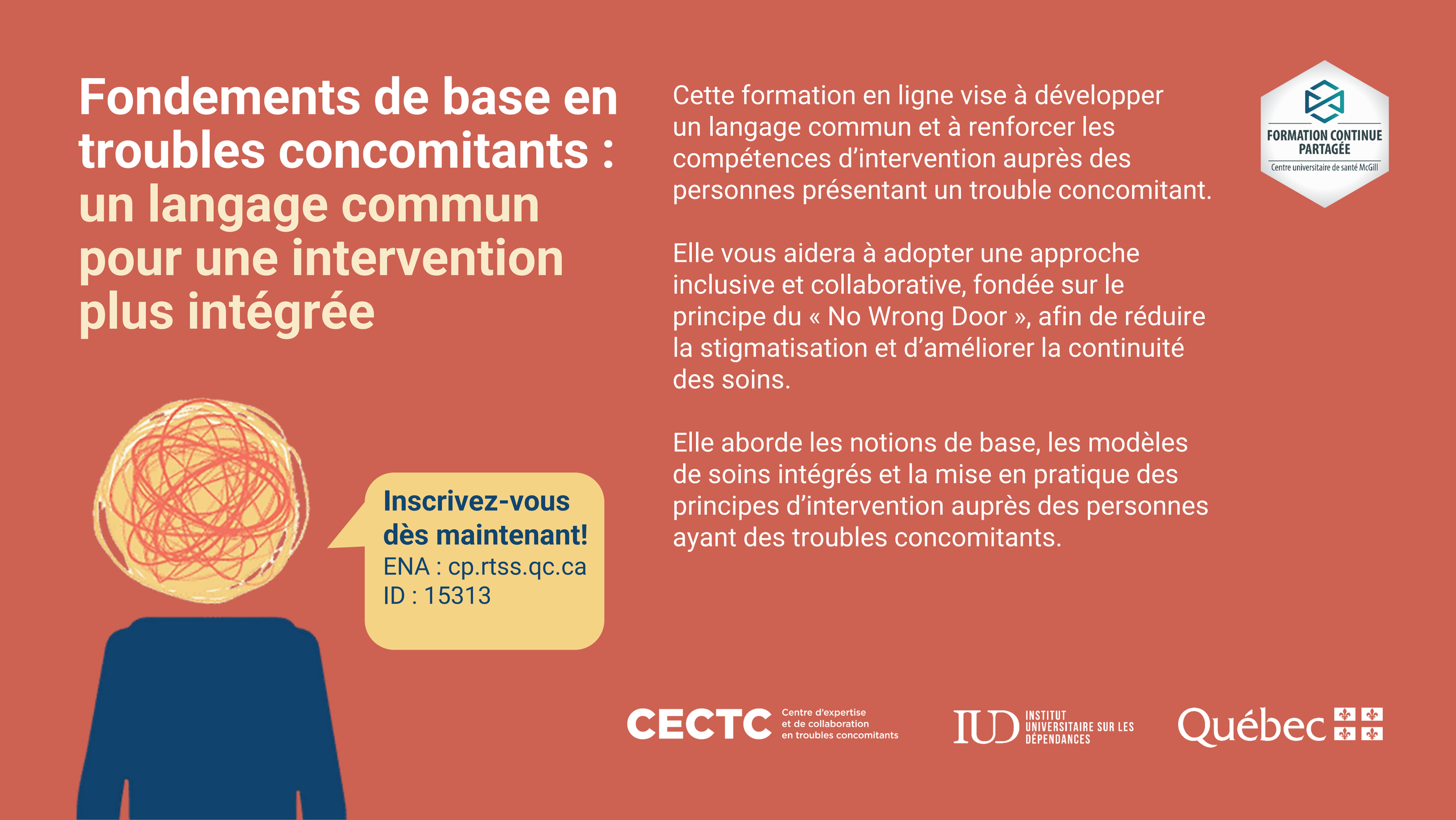 Red informational poster about training in basic skills for people with concurrent disorders, featuring a stylized cartoon figure with a tangled ball of yarn for a head, and a call to action to register now.