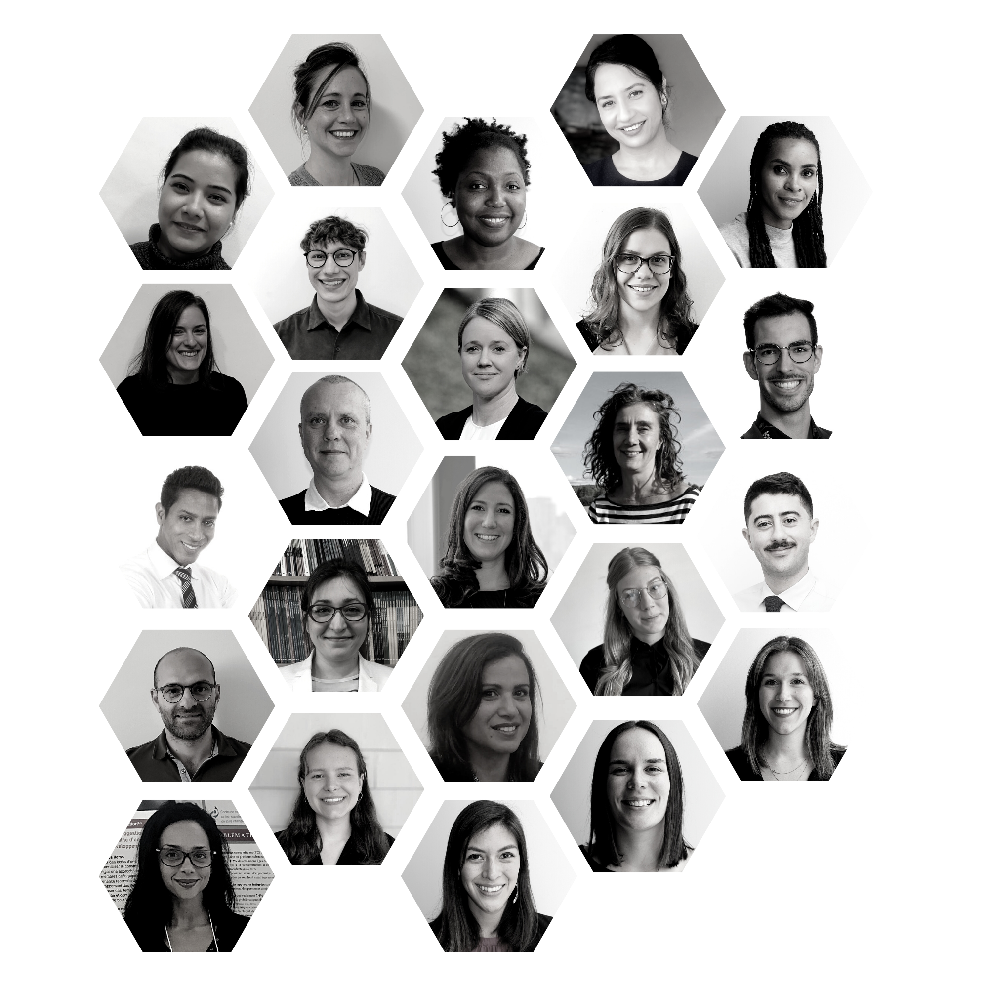 Collage of diverse black and white portrait photos arranged in hexagonal shapes on a black background.
