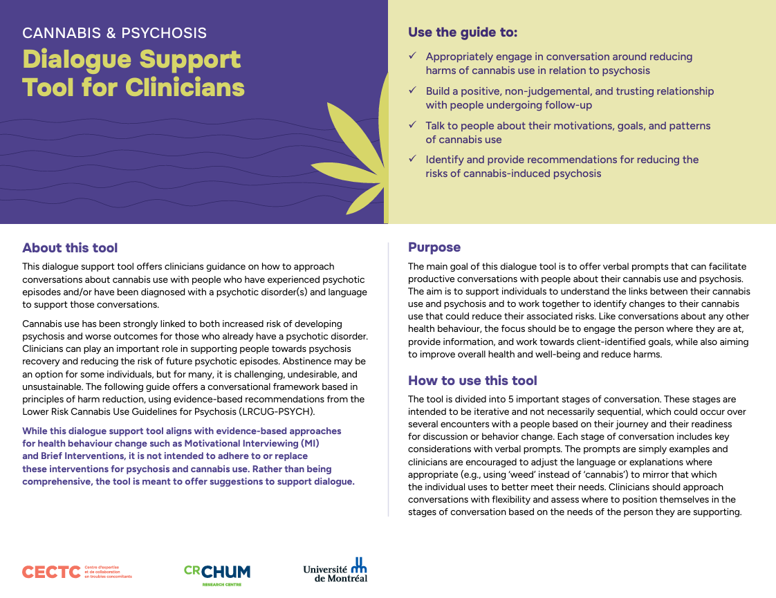 A pamphlet titled 'Dialogue Support Tool for Clinicians' for cannabis and psychosis, with guidance points and explanations divided into sections about purpose, how to use the tool, and background information, featuring logos of CECTC, CRCHUM, and Université de Montréal at the bottom.