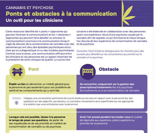 Educational infographic on cannabis and psychosis, discussing communication tools for clinicians, featuring icons of a bridge symbolizing a 'pont' and a barrier symbolizing an 'obstacle' with text in French.