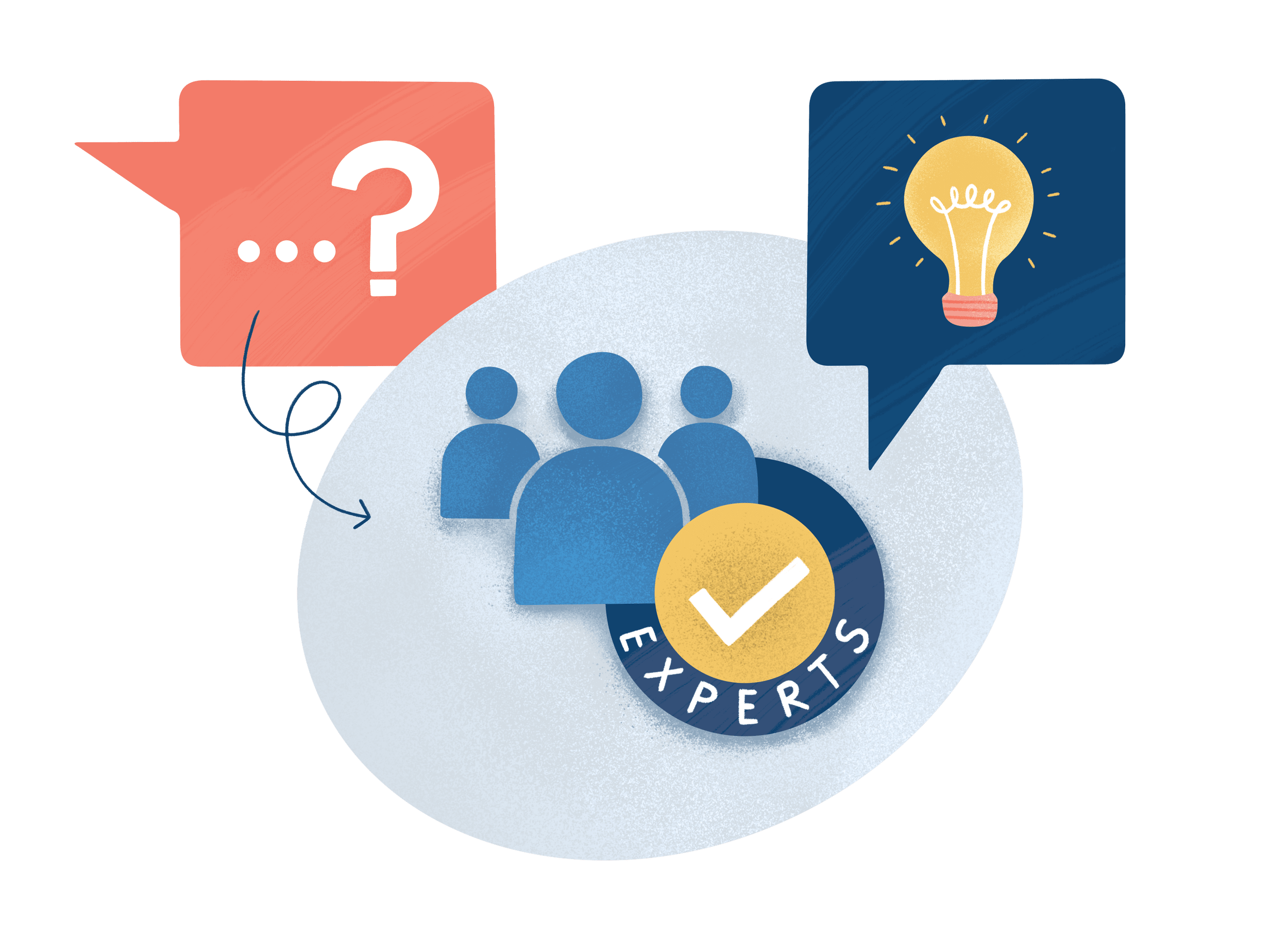 Graphic design with question mark, group of people, light bulb, and a badge that says 'Expert'.