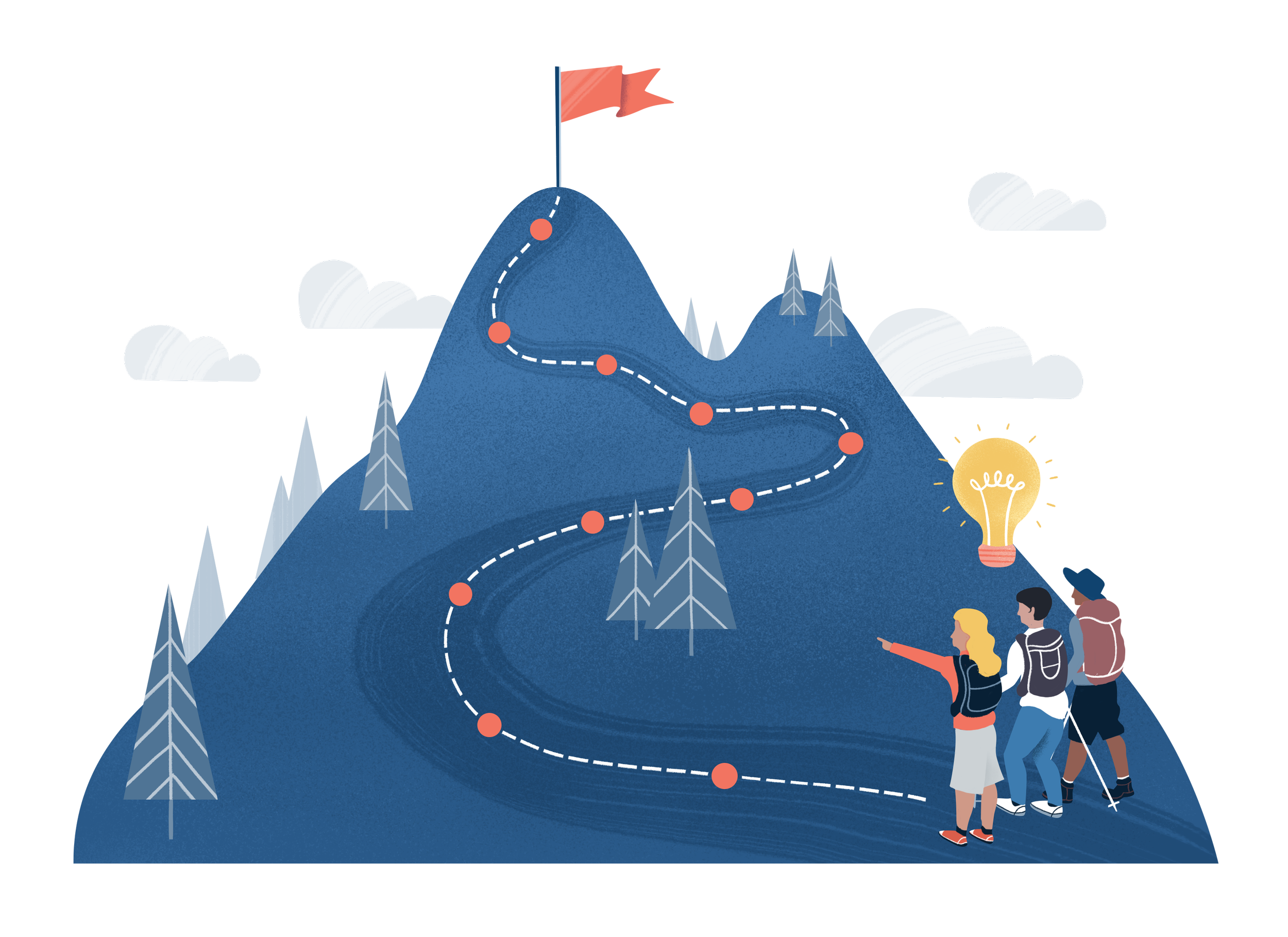 Illustration of a mountain with a winding trail marked by red dots, a flag at the summit, clouds surrounding the mountain, and a sun. Three hikers with backpacks and outdoor gear are walking along the trail.