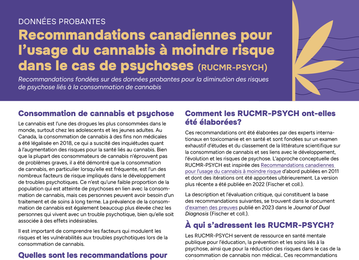 A document in French about Canadian guidelines for cannabis use and mental health, including sections on consumption, expert recommendations, and target audiences, with a purple background and a leaf graphic.