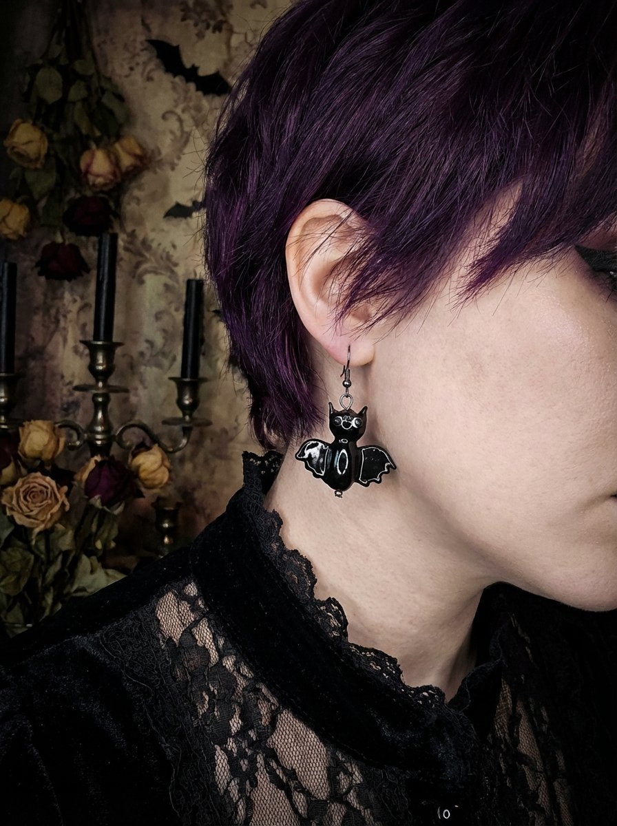 Exquisite Black Glass Bat Earrings