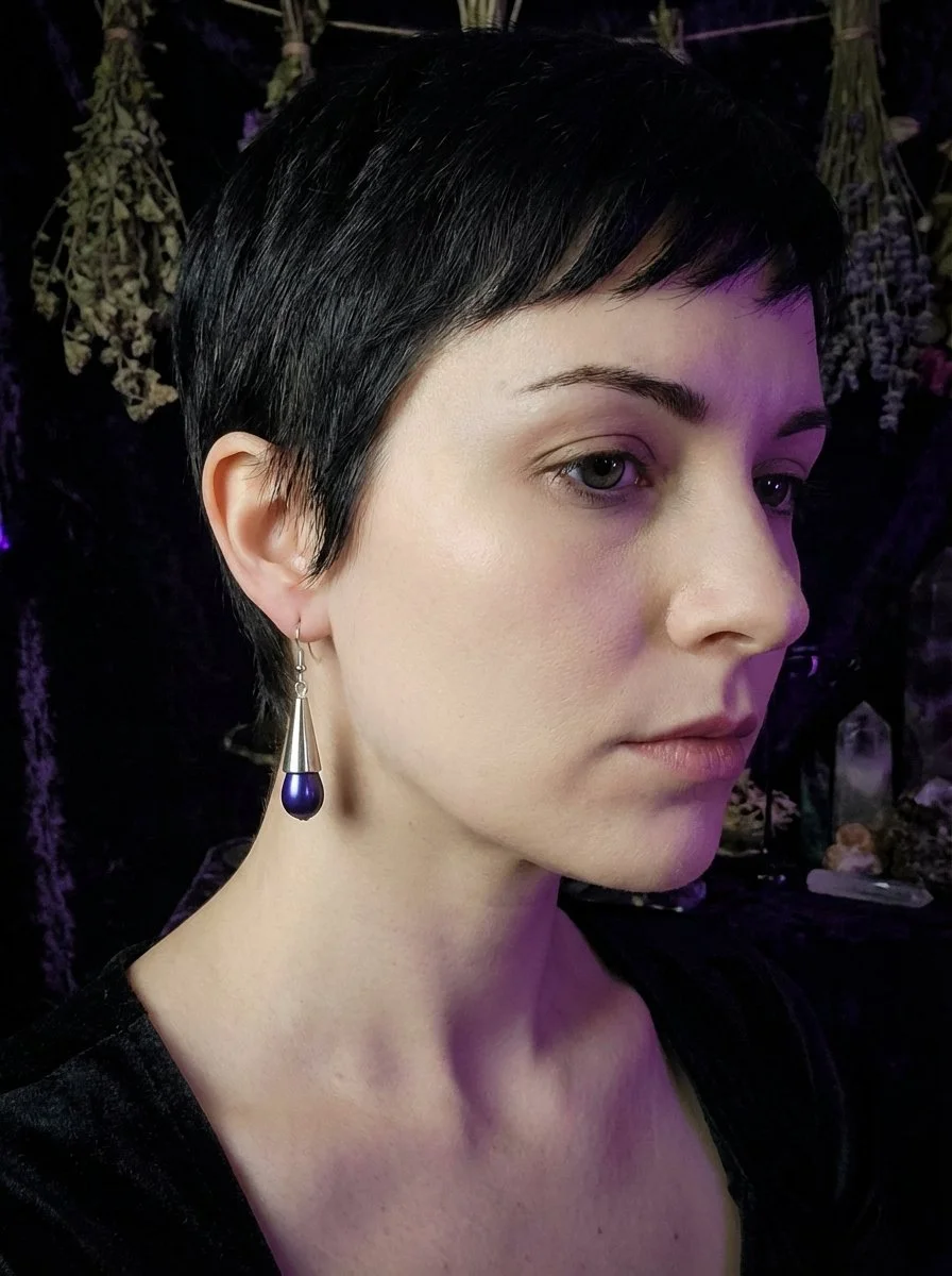 Elegant Silver Cone and Purple Bead Drop Earrings