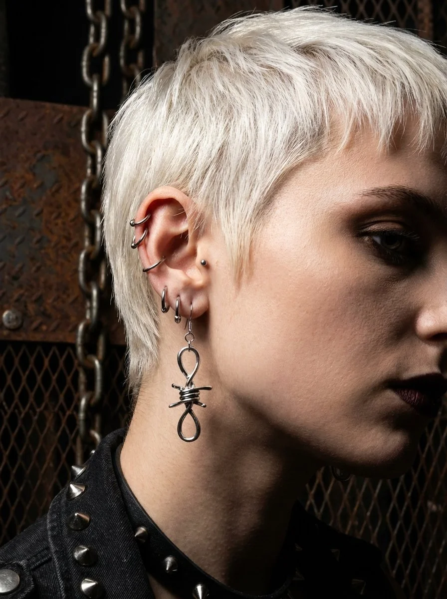 Large Edgy Barbed Wire Silver Earrings