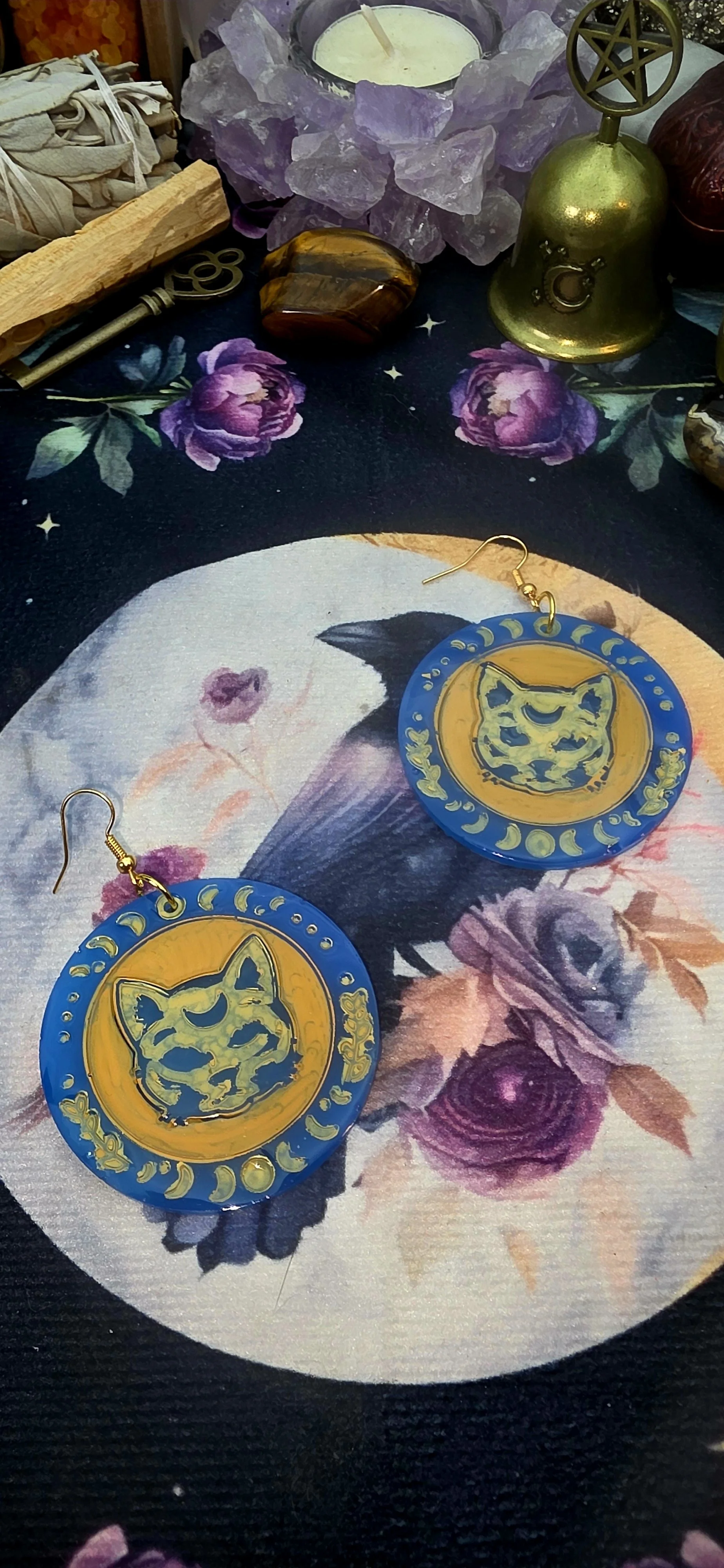 Blue and Gold Mystic Cat Disc Earrings