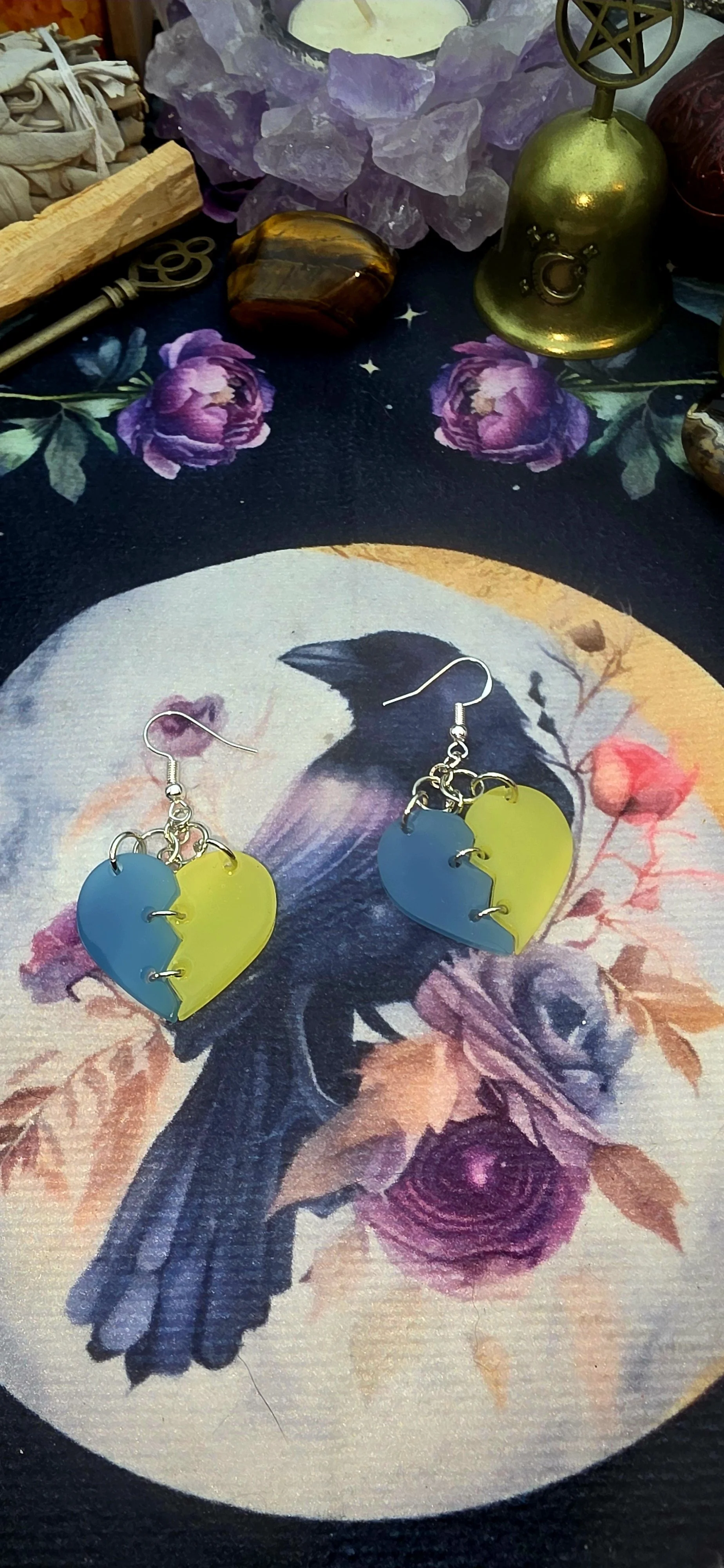 Stitched Resin Heart Earrings - Blue & Yellow