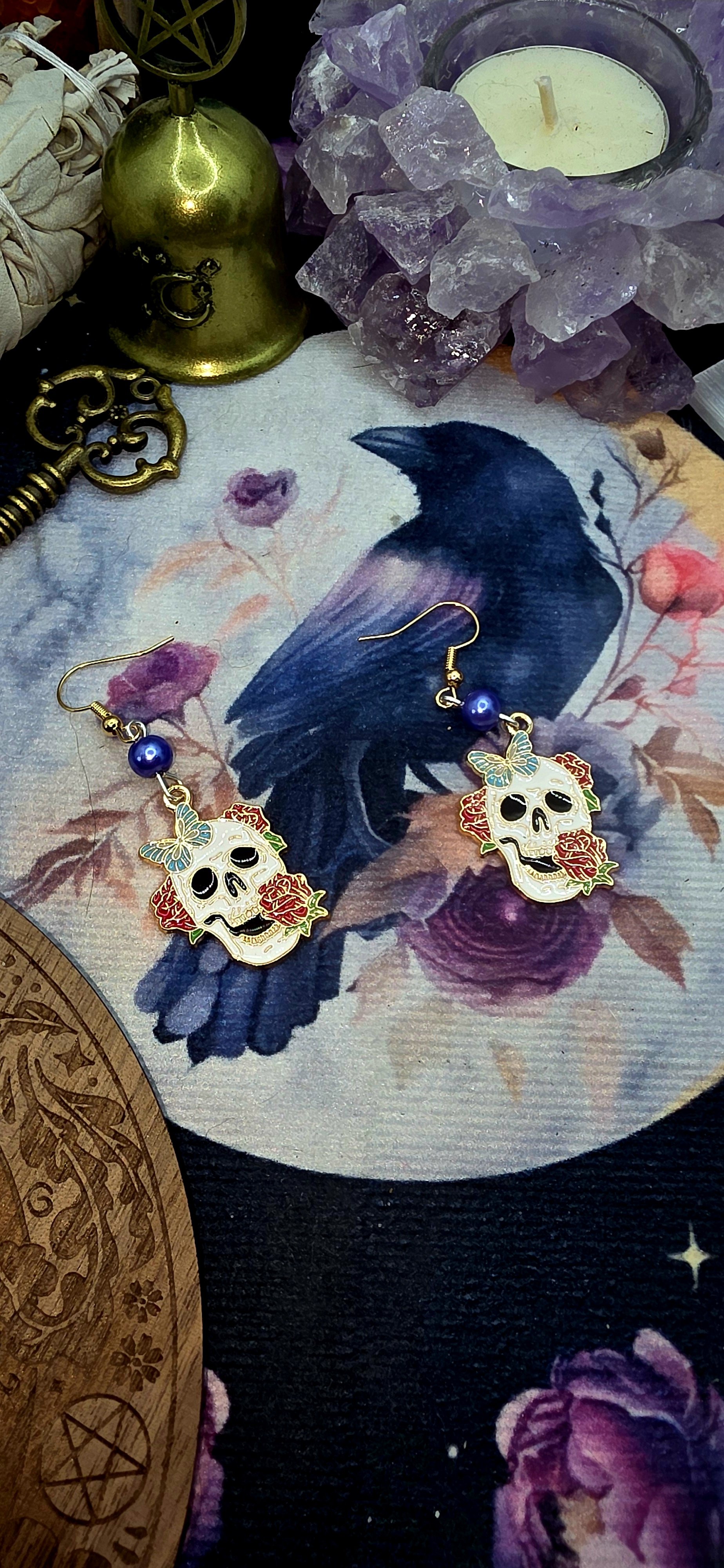 White Skull & Roses Gothic Earrings