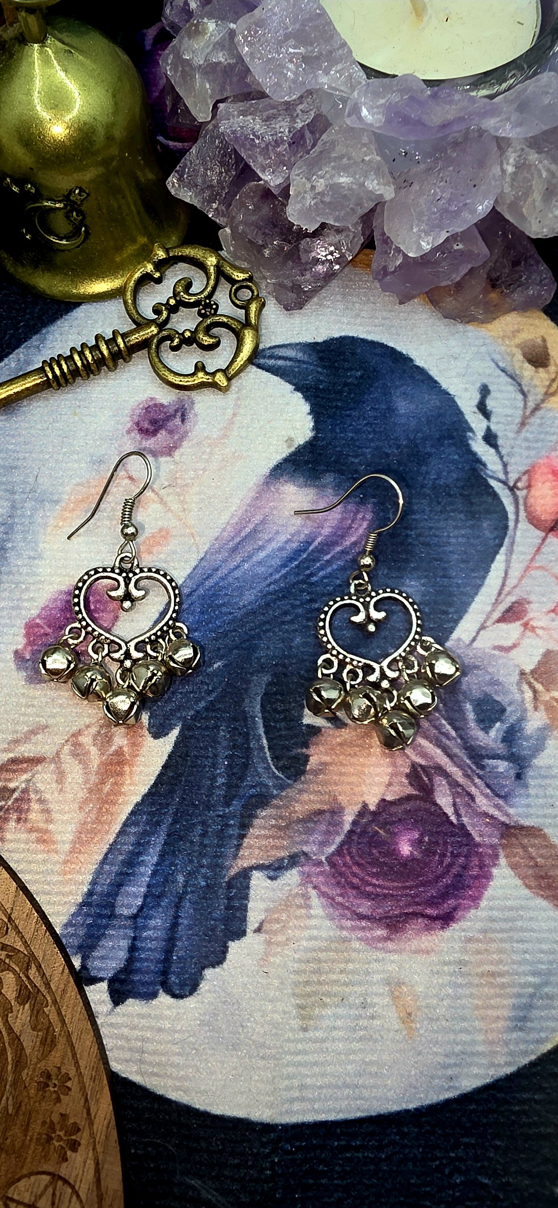 Silver Filigree Heart Earrings with Bells
