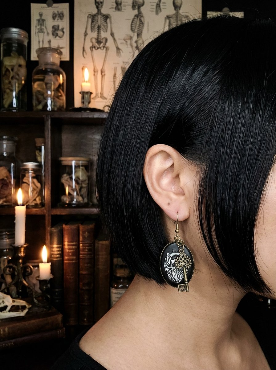 Gothic Cameo Heart and Key Earrings