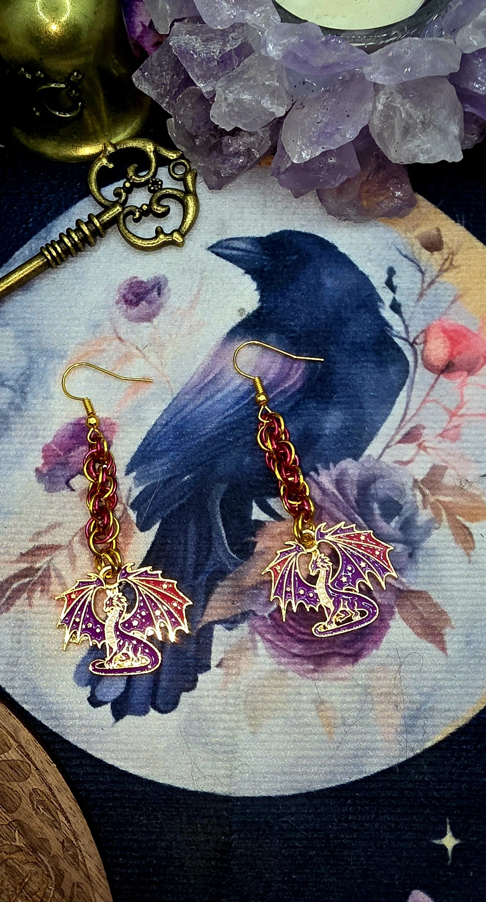 Hot Pink & Gold Chainmail Dragon Earrings