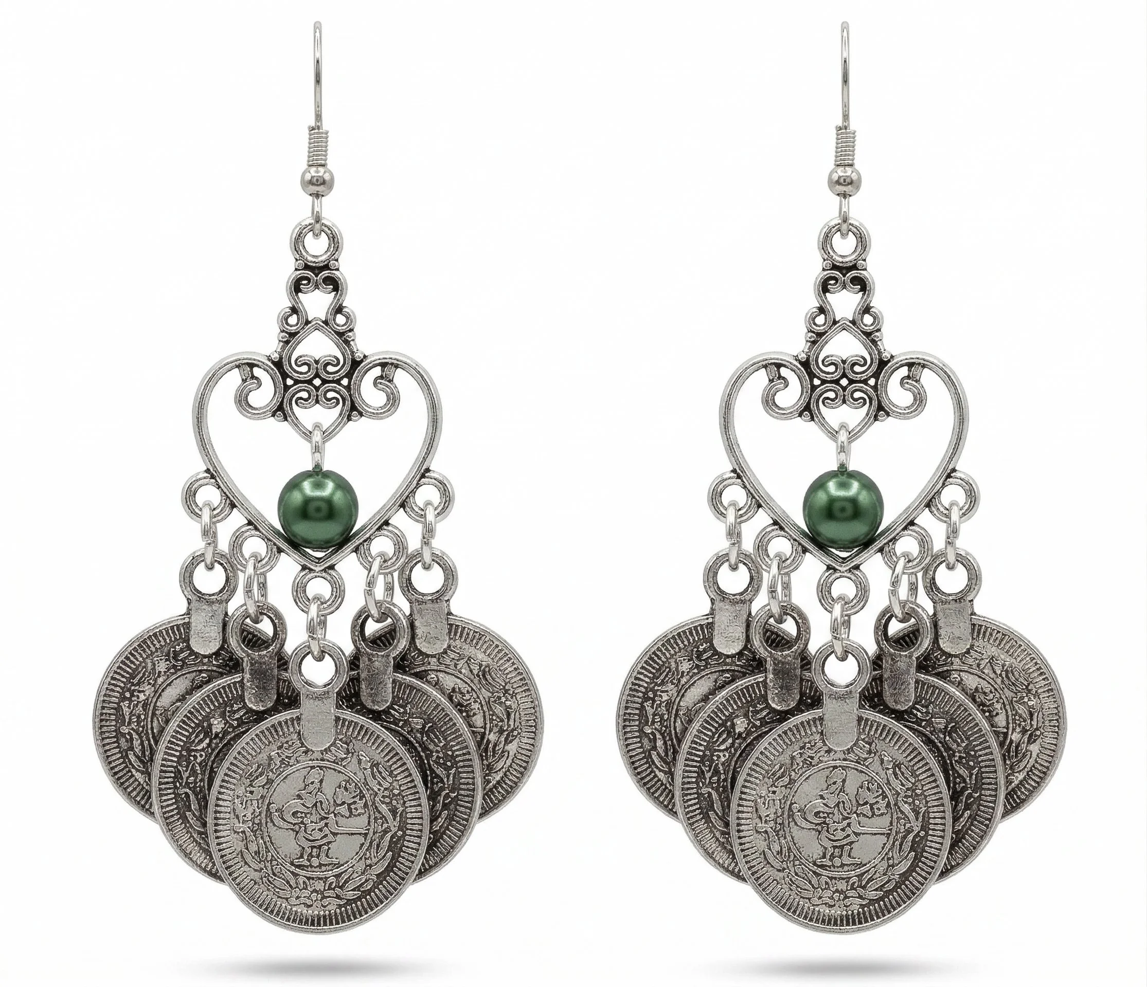 Prosperity Charm Green Bead & Coin Earrings