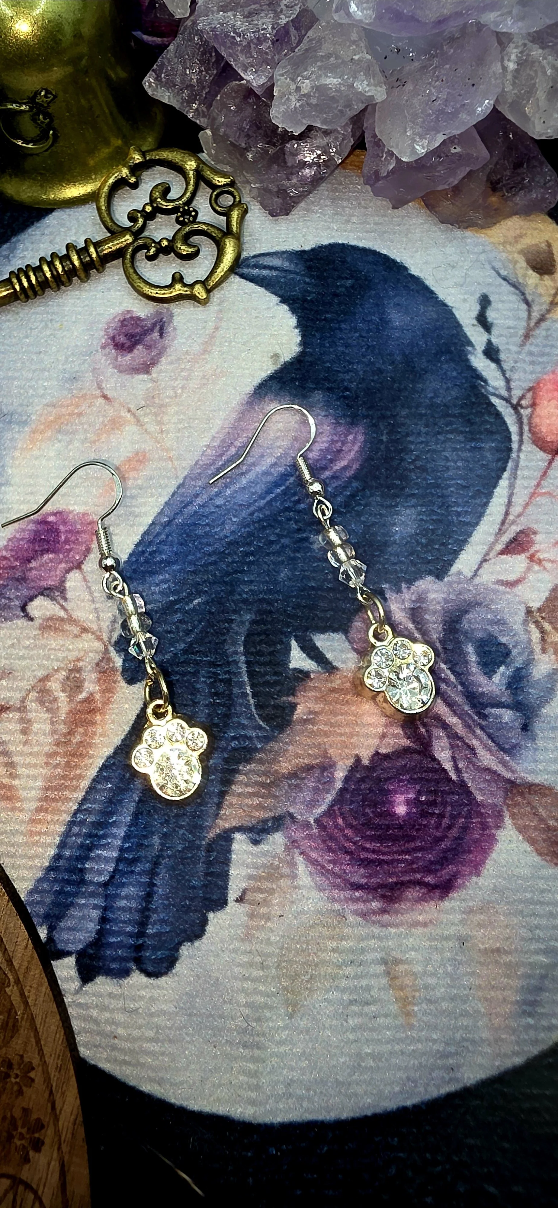 Silver Paw Earrings with Clear Gems