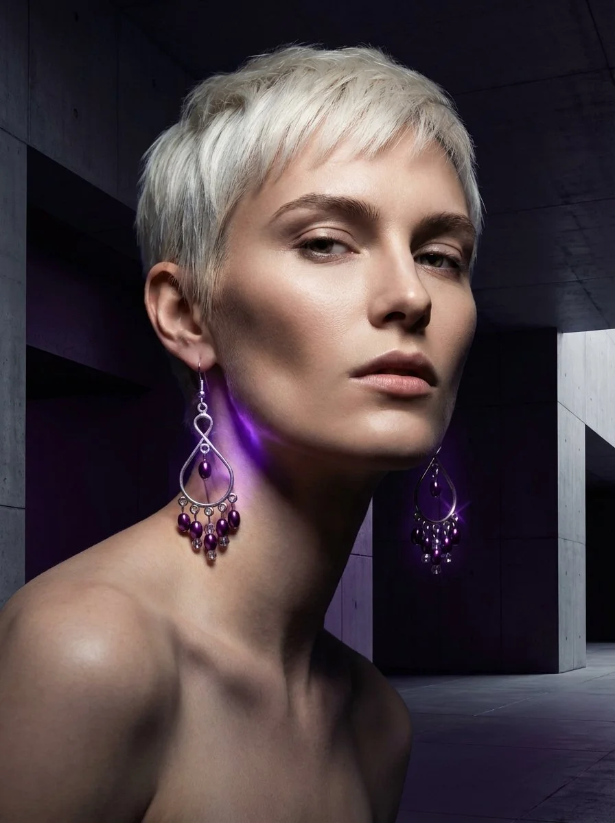 Elegant Silver Chandelier Earrings with Deep Purple Beads