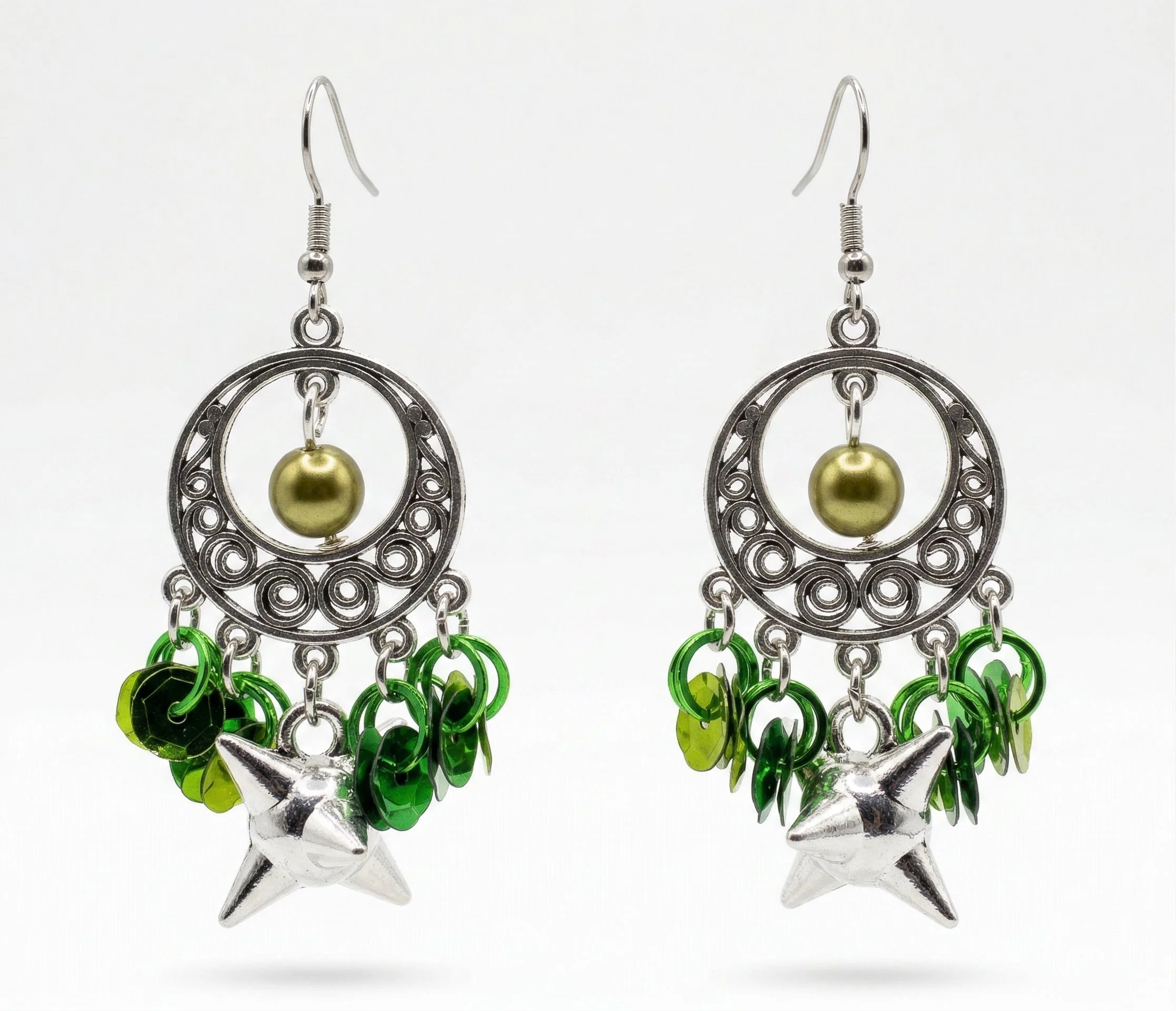 Divine Elegance Green Sequin & Silver Earrings
