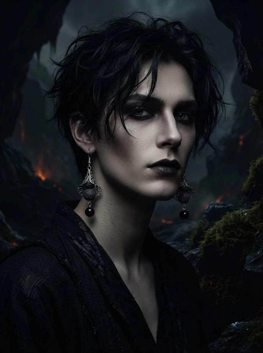 A woman with short, black, curly hair and dark makeup, wearing large black earrings, dressed in black, against a dark, rocky, forest background.