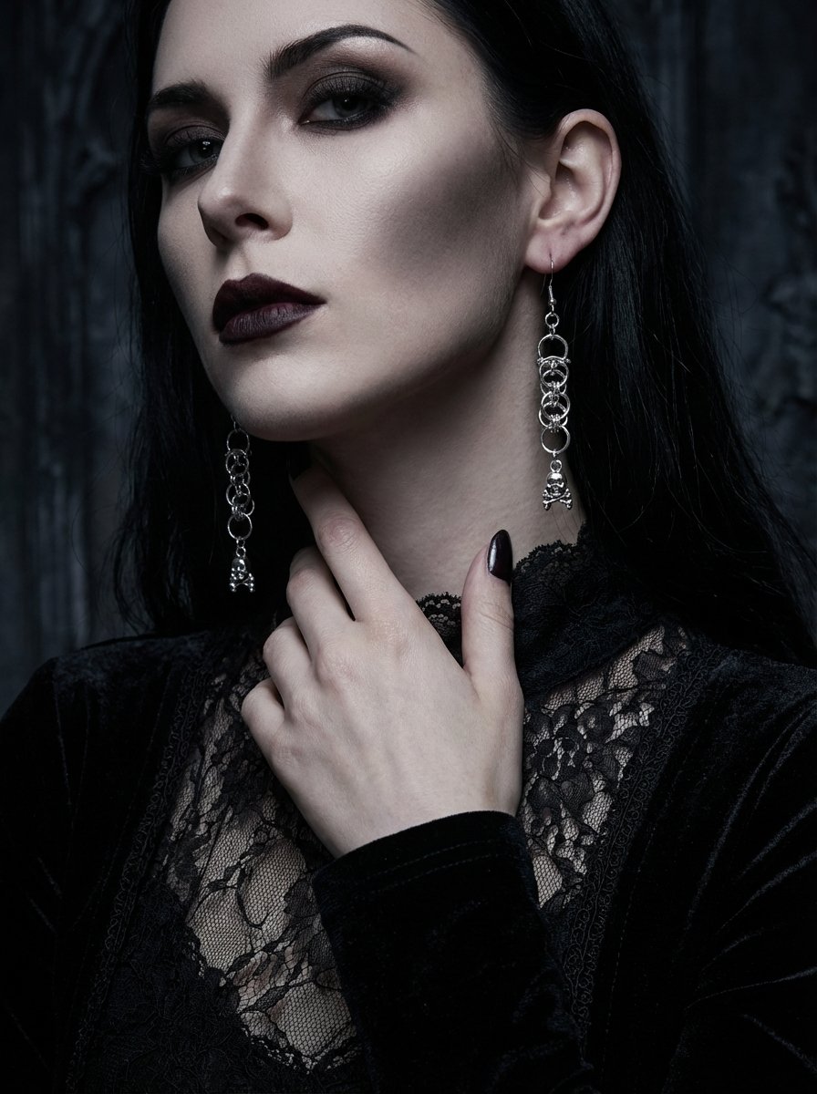 Skull and Crossbones Silver Chainmail Earrings