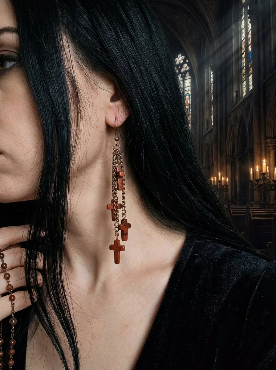 Bronze Chain Tassels with Red Stone Crosses