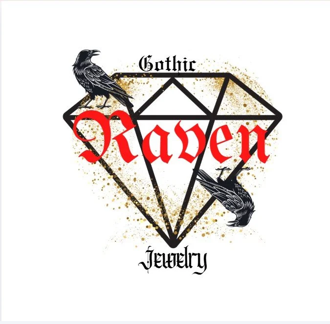 Logo for Gothic Raven Jewelry featuring a diamond outline, two black ravens, and red Gothic text 'Raven' with black text 'Gothic' and 'Jewelry'.