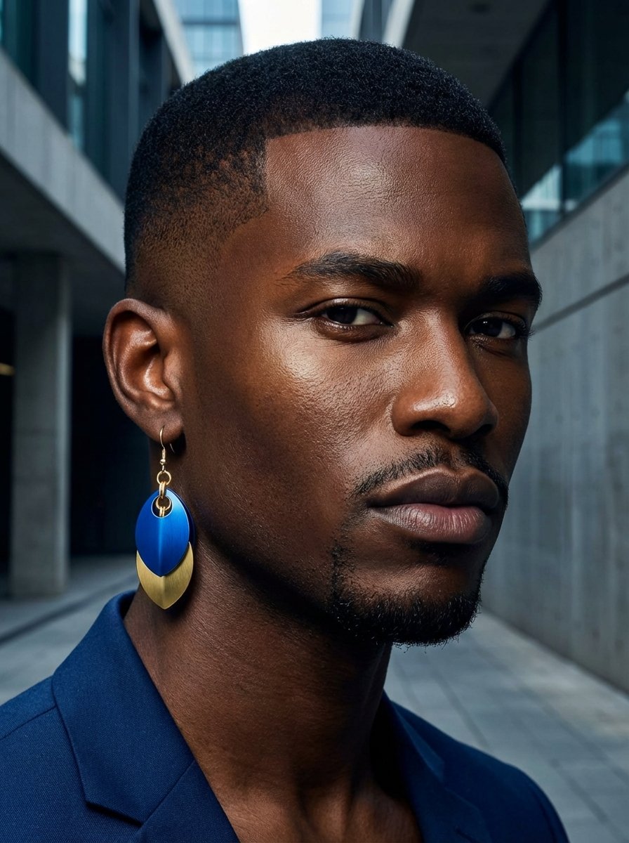 Close-up of a man with dark skin and short haircut, wearing a blue blazer and a large blue and gold earring, standing outdoors near modern glass and concrete buildings.