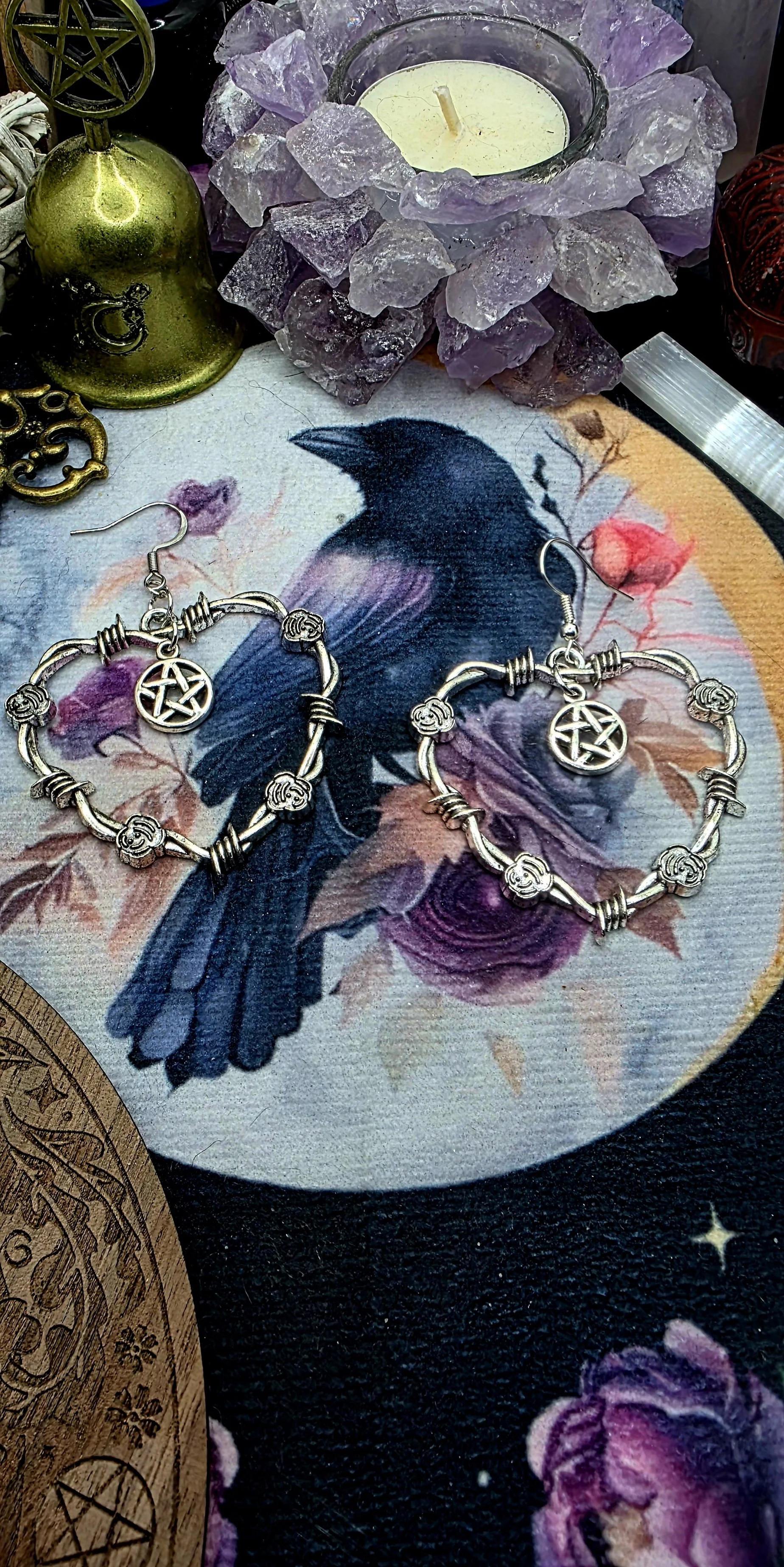 Silver Barbed Wire Heart Earrings with Pentagram Core