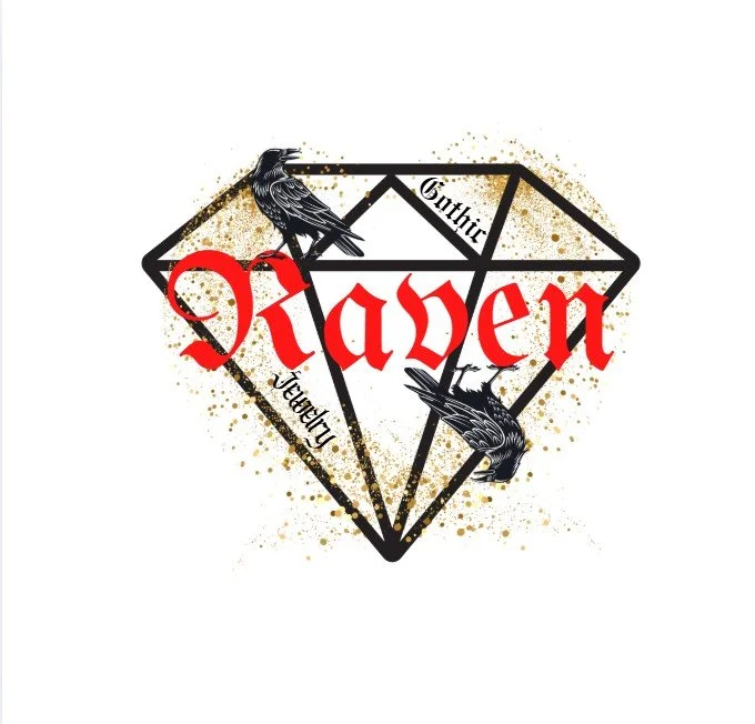 A black diamond-shaped outline with gold splatter background. Inside, the word "Raven" in red Gothic font, with two black ravens perched on the diamond and the words "Gothic" and "Loyalty" in black Gothic script.
