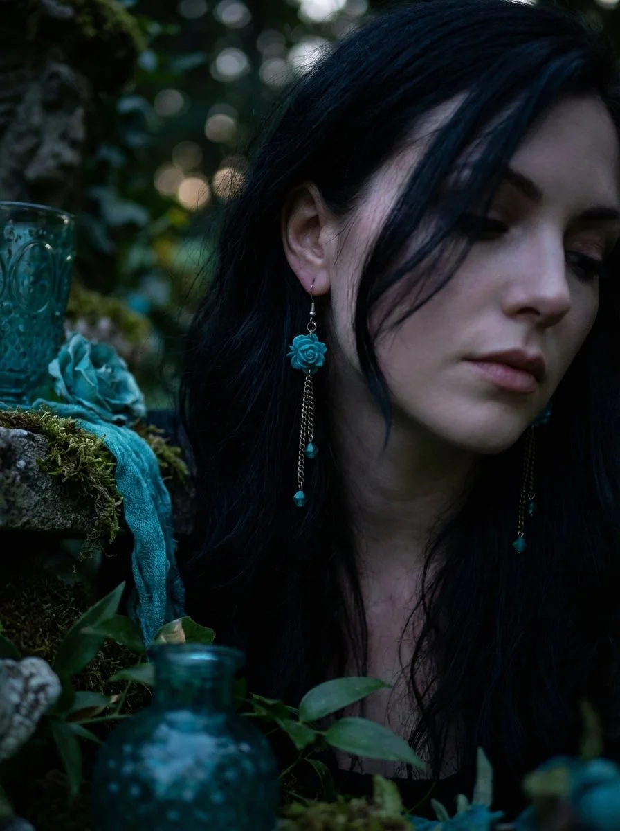 Teal Floral Cascade Earrings with Silver Chain Tassels