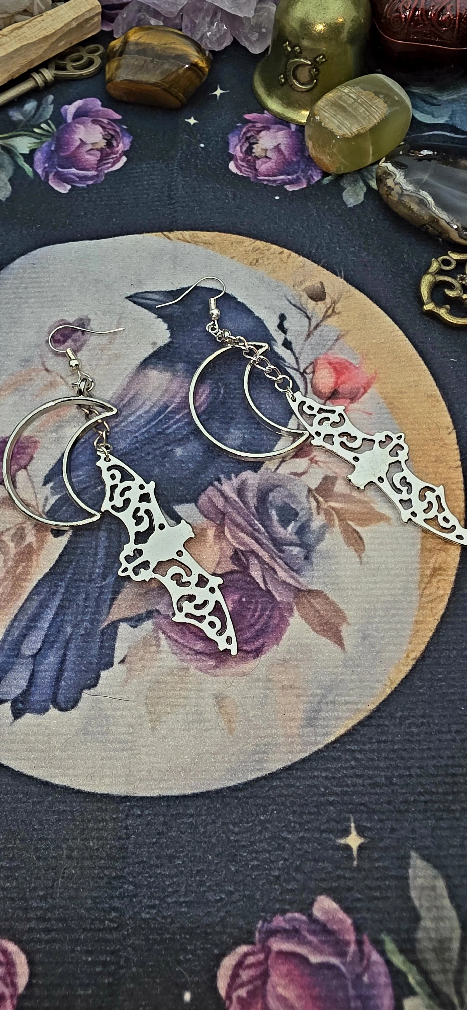 Silver Moon and Bat Earrings