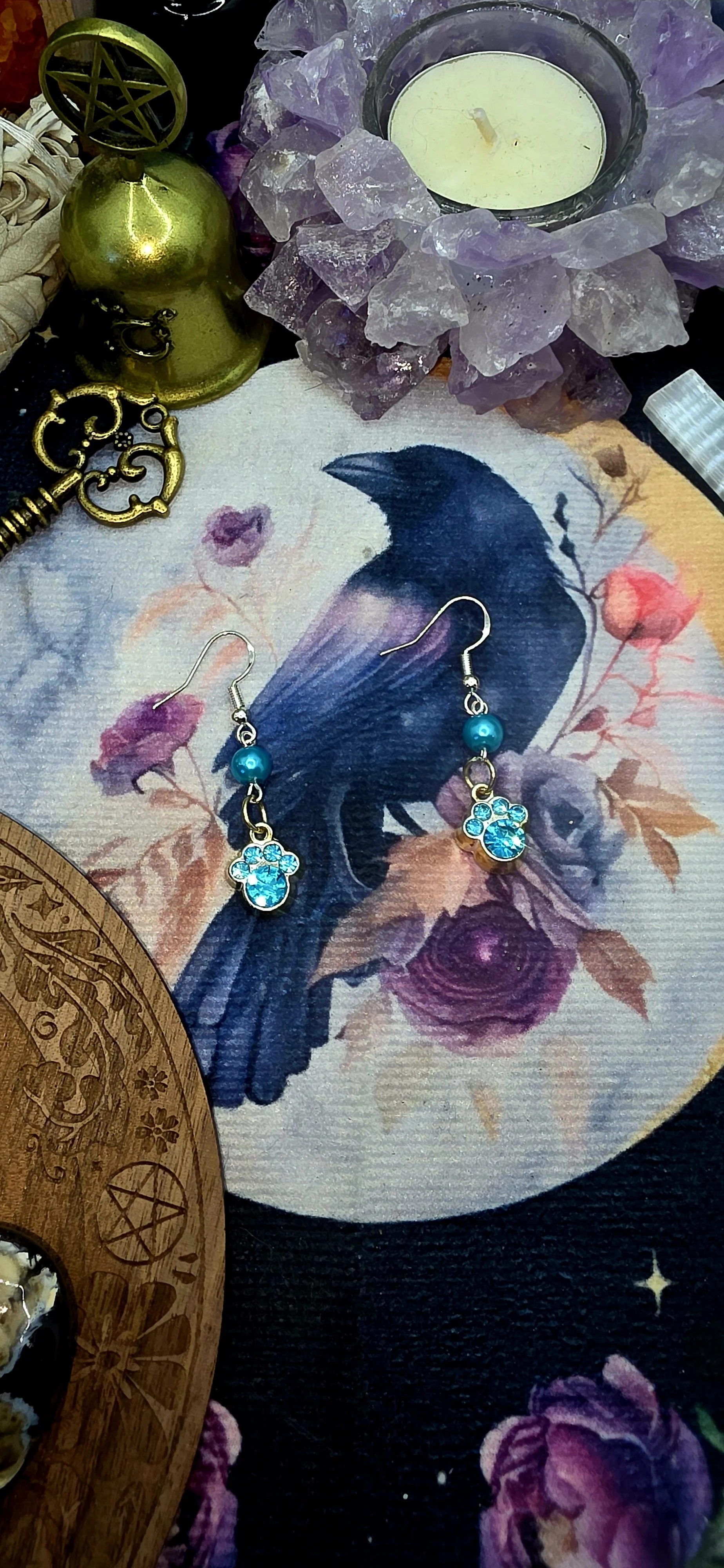 Teal & Silver Paw Earrings with Accent Beads