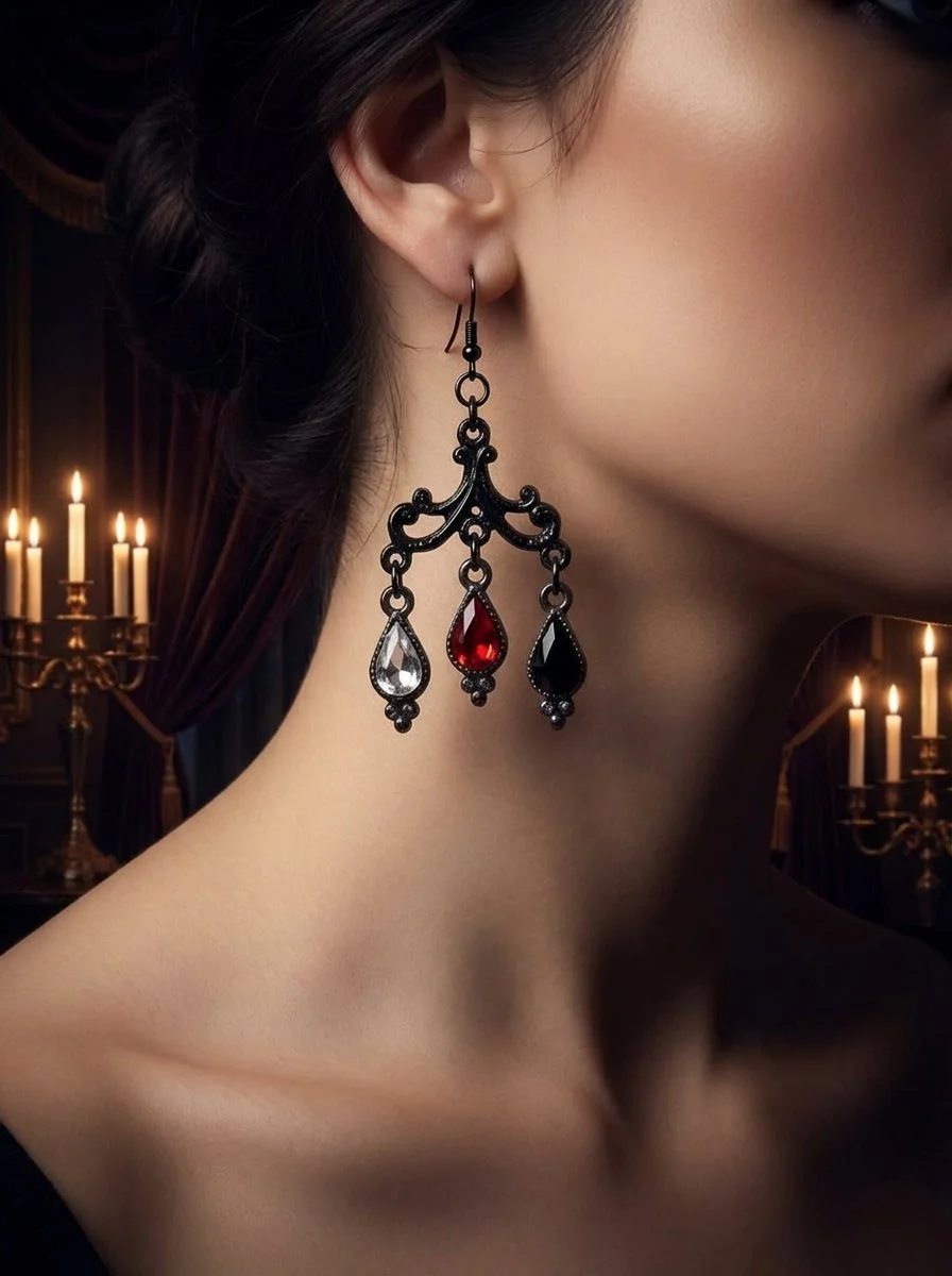Glamour Noir Chandelier Earrings with Garnet & Black Drops