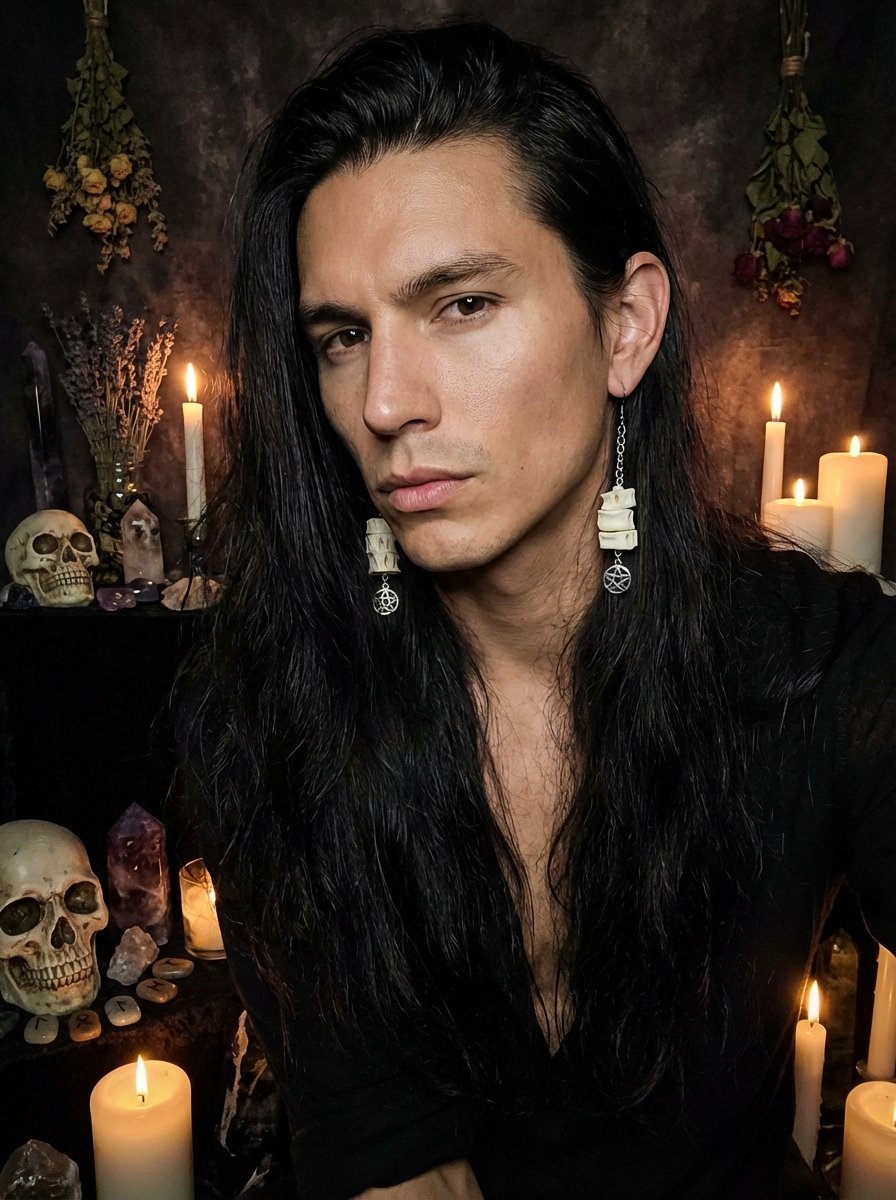 Mystical Fish Bone & Silver Pentagram Earrings