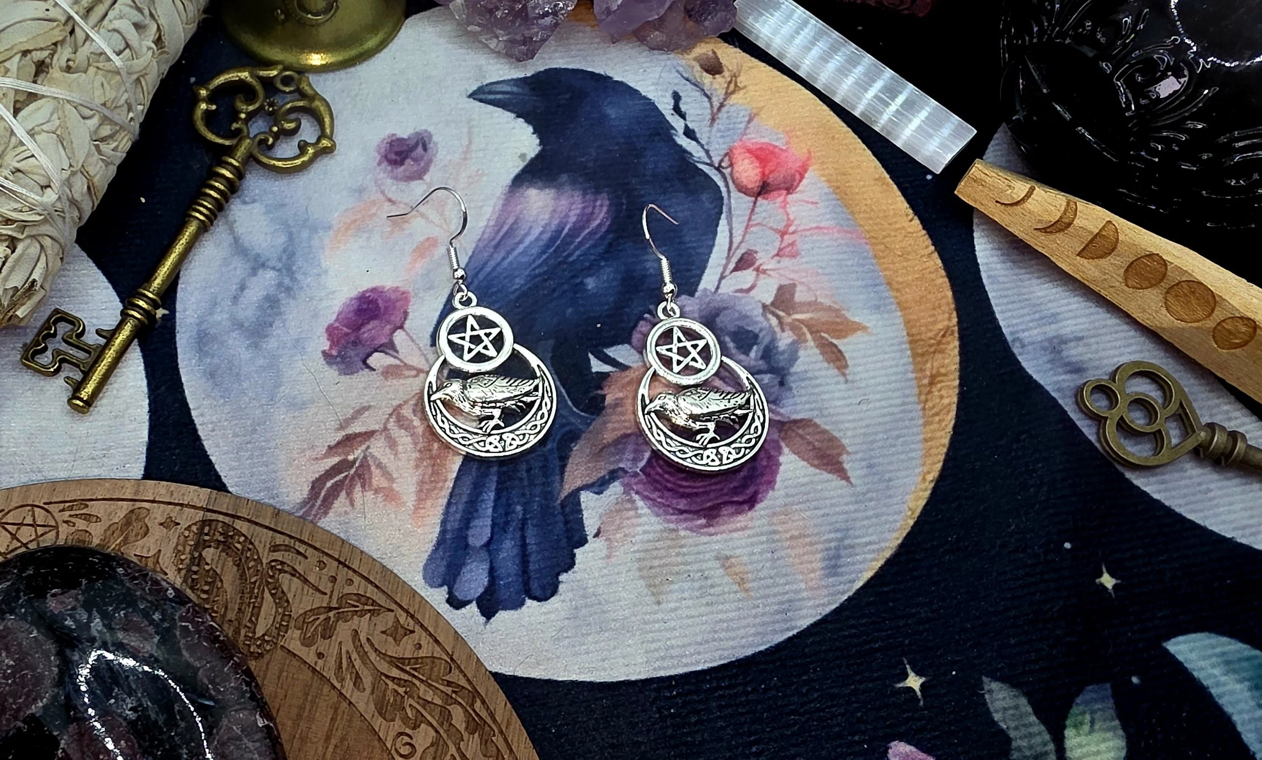Mystical Silver Pentagram & Raven Earrings