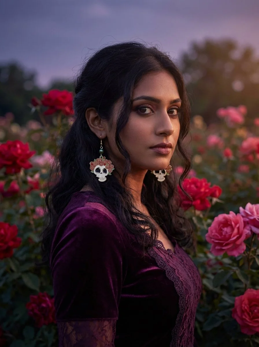 Skull and Red Flower Earrings
