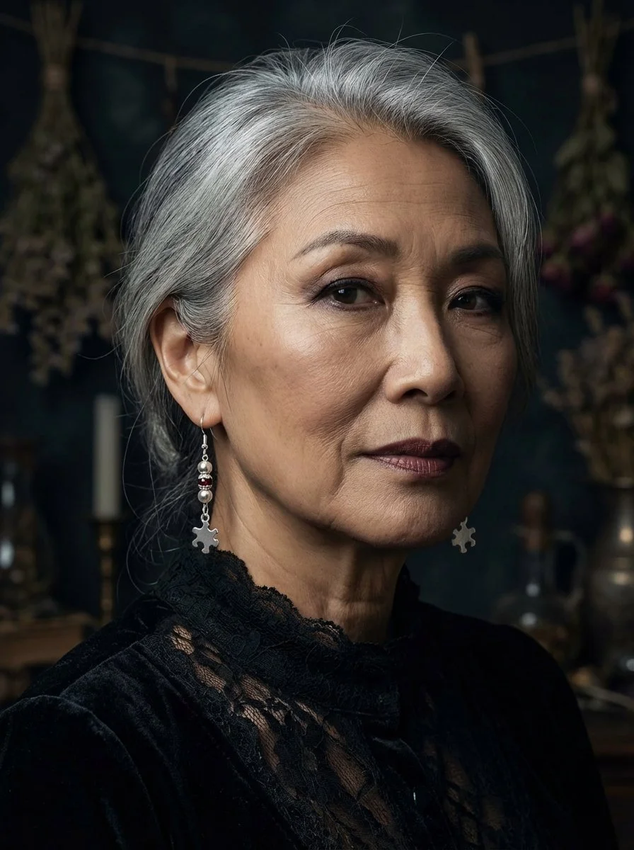 A close-up portrait of an elderly Asian woman with short, silvery hair, wearing a black lace top and decorative earrings, with a dark, blurred background featuring dried flowers and candles.