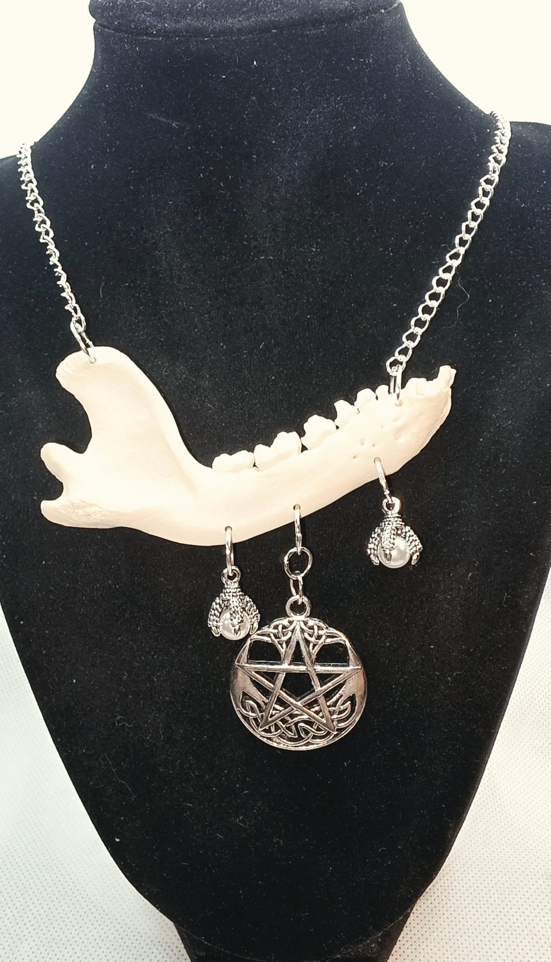 Gothic Raccoon Jaw Necklace with Dragon & Pentacle Charms