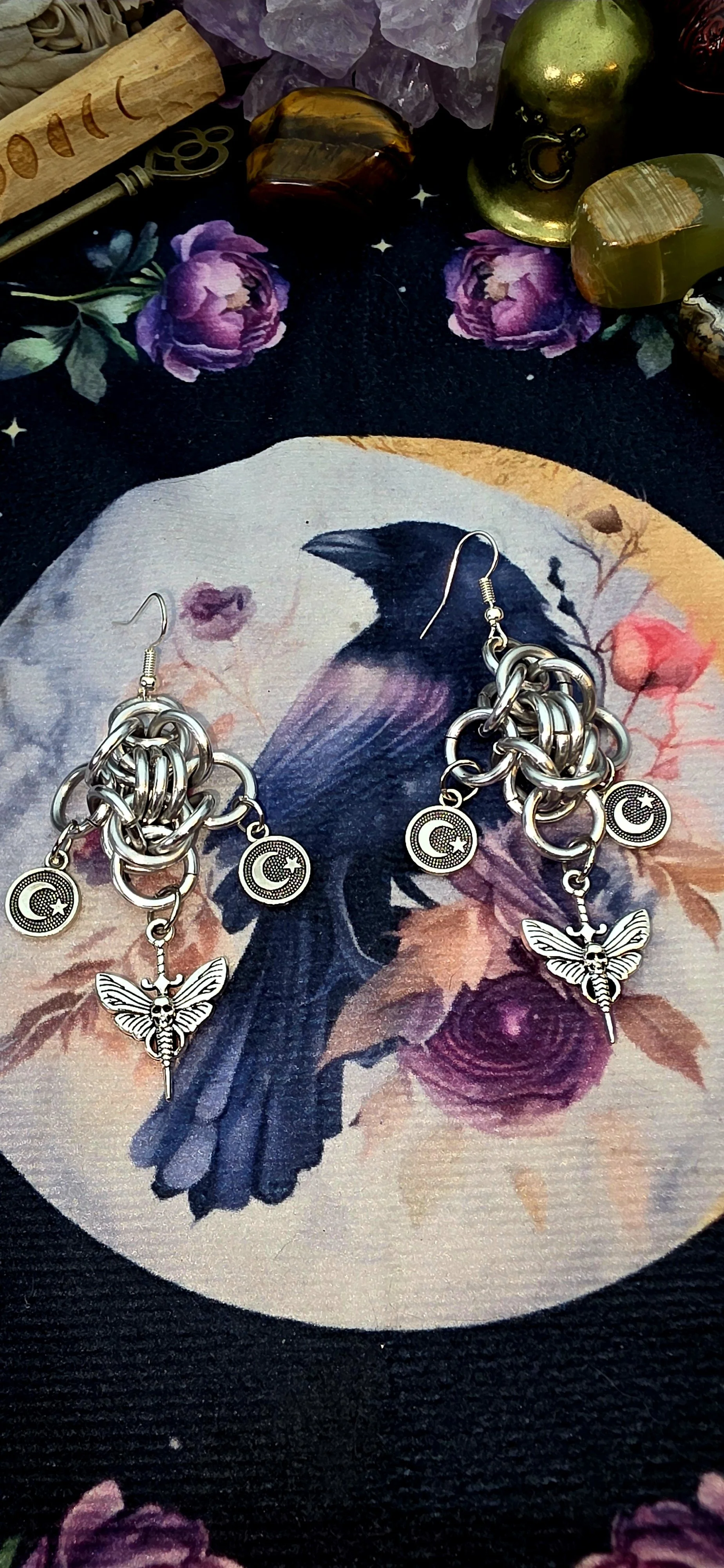 Mystical Moth & Moon Chainmail Earrings