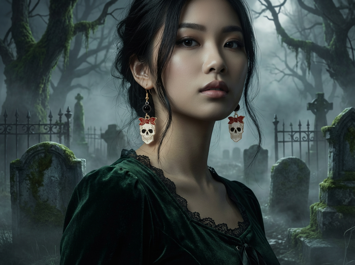 Gothic Skull Earrings with Red Bow