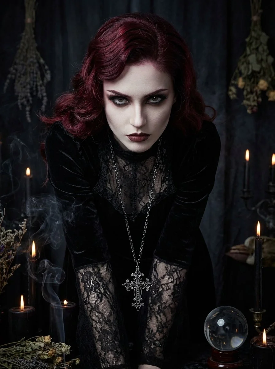 A woman with dark makeup and red hair, dressed in black lace clothing with a large silver cross necklace, surrounded by candles and mystical objects in a dark, gothic setting.