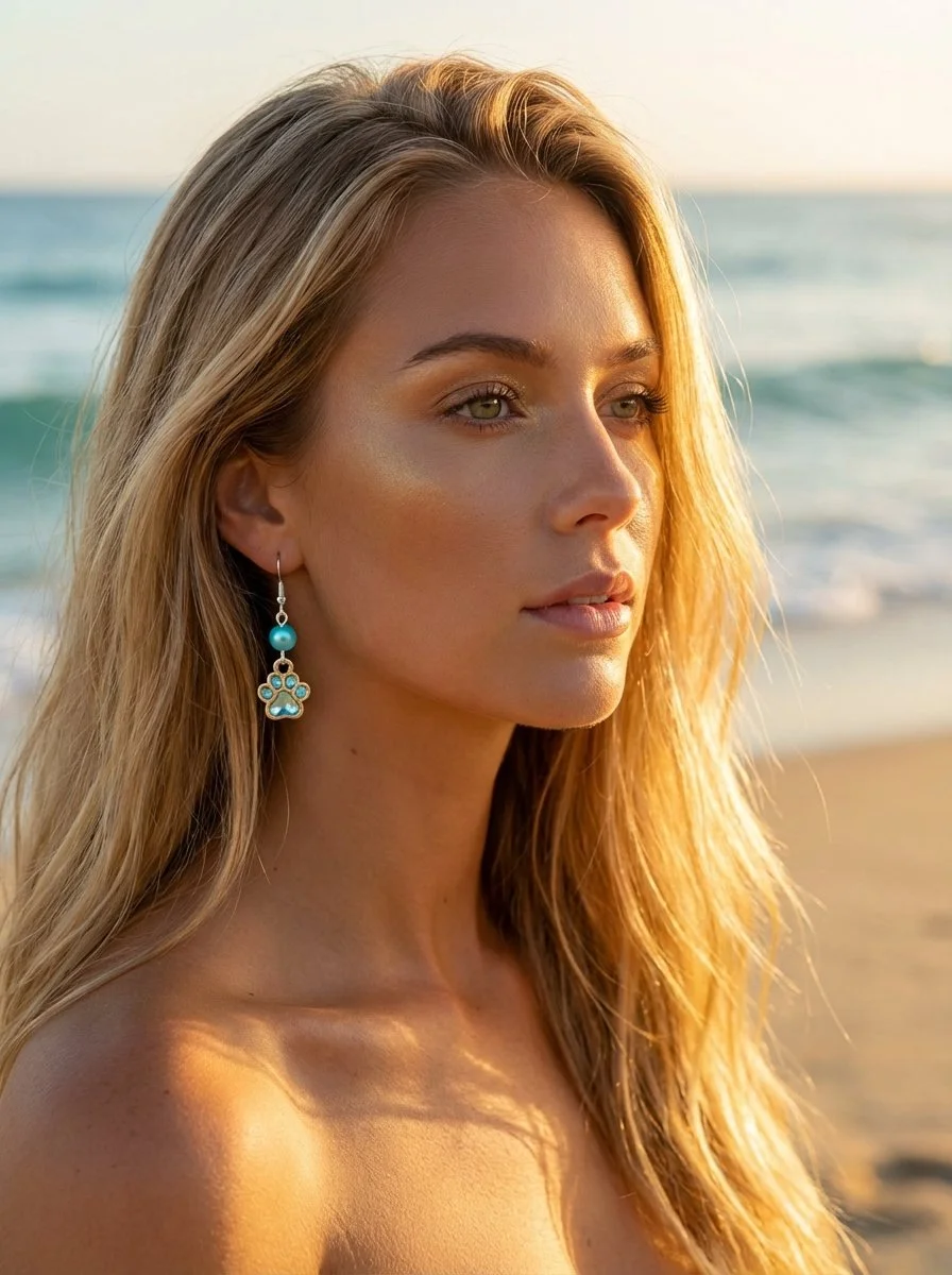 Teal & Silver Paw Earrings with Accent Beads