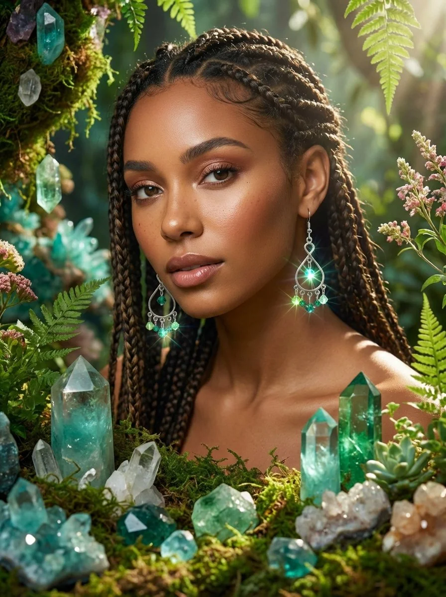 A woman with braided hair wearing glittering earrings in a lush, green, gemstone-filled setting